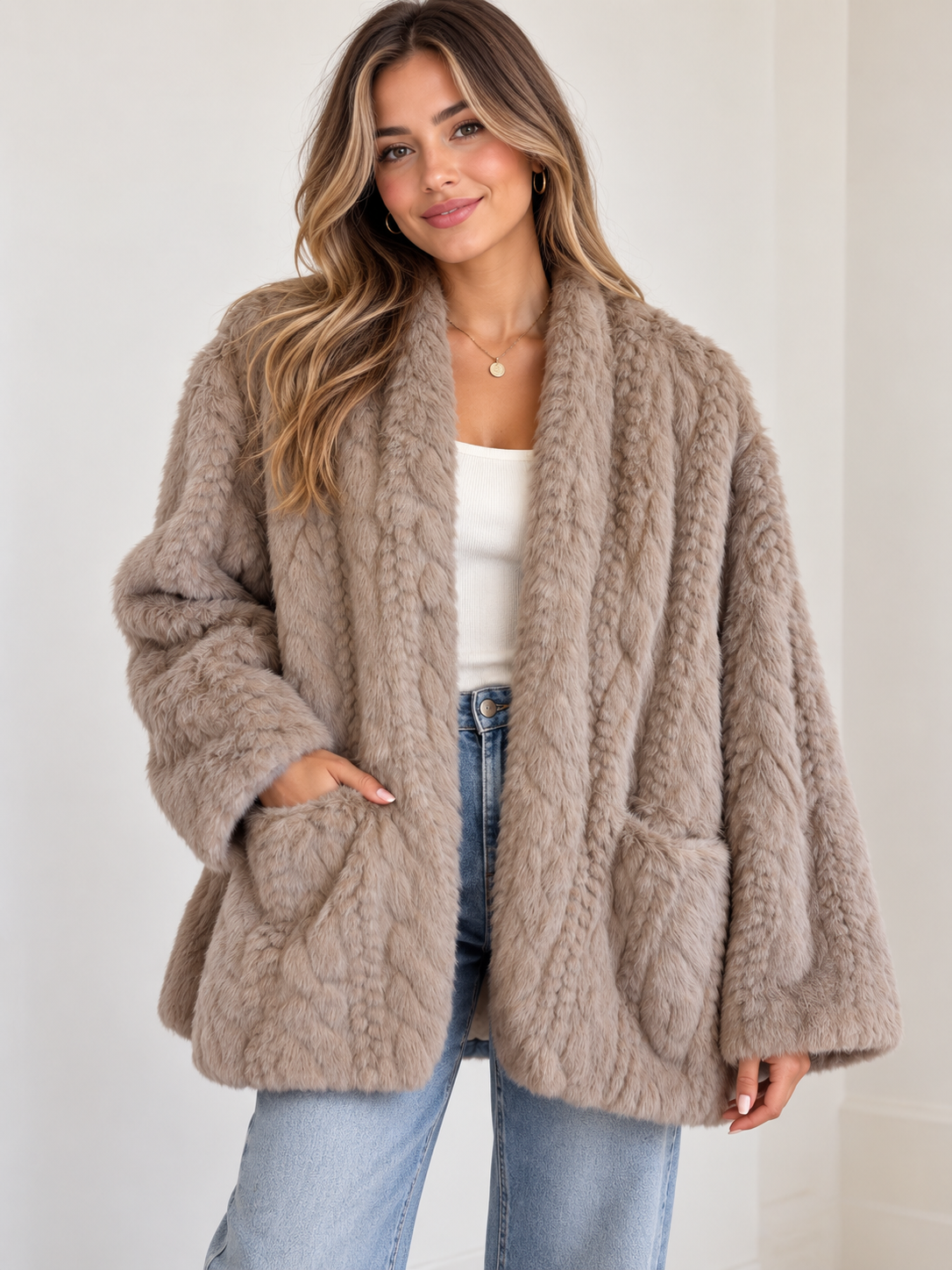Faux Fur Cable Knit Press On Pattern Coat