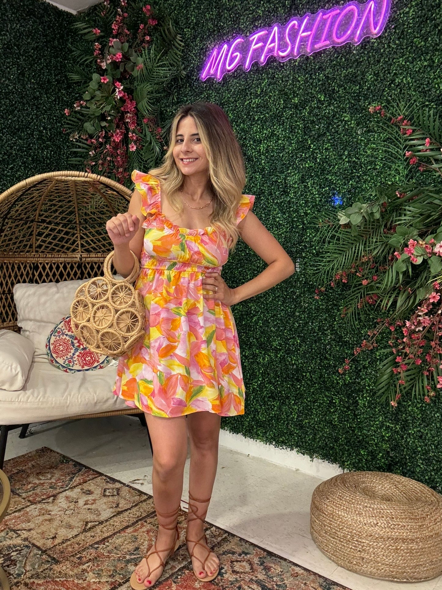 Watercolor Floral Print Ruffle Mini Dress