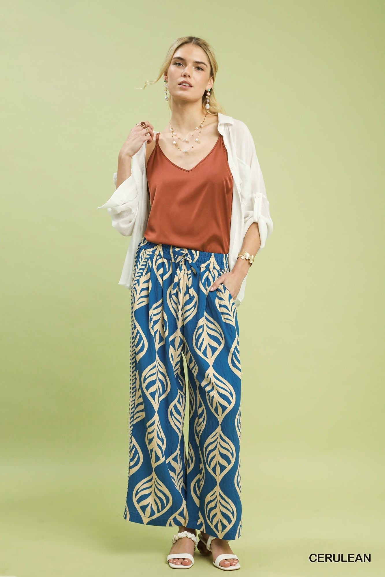Leaf Print Wide Leg Pants