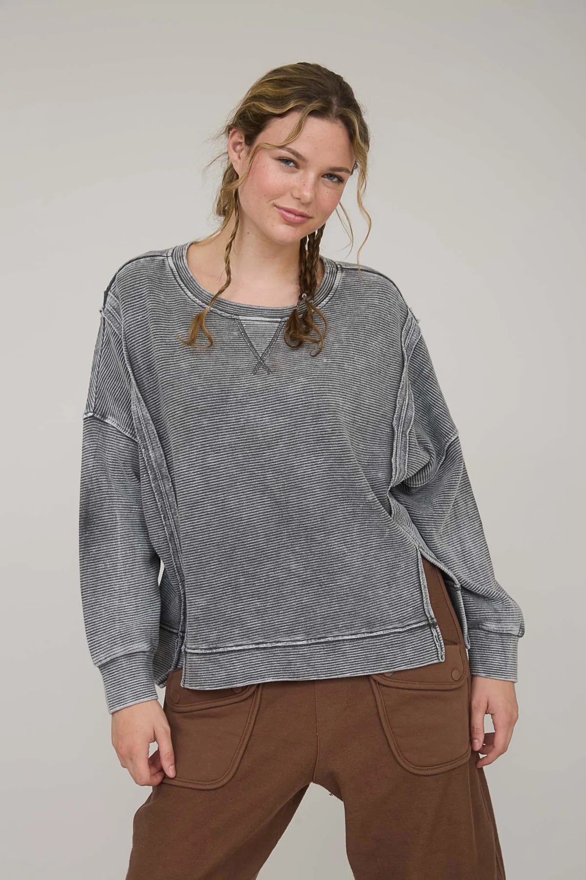 Washed Exposed Seam Side Slit Long Sleeve Knit Top