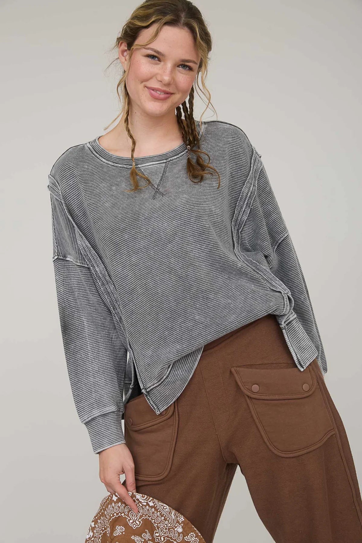 Washed Exposed Seam Side Slit Long Sleeve Knit Top