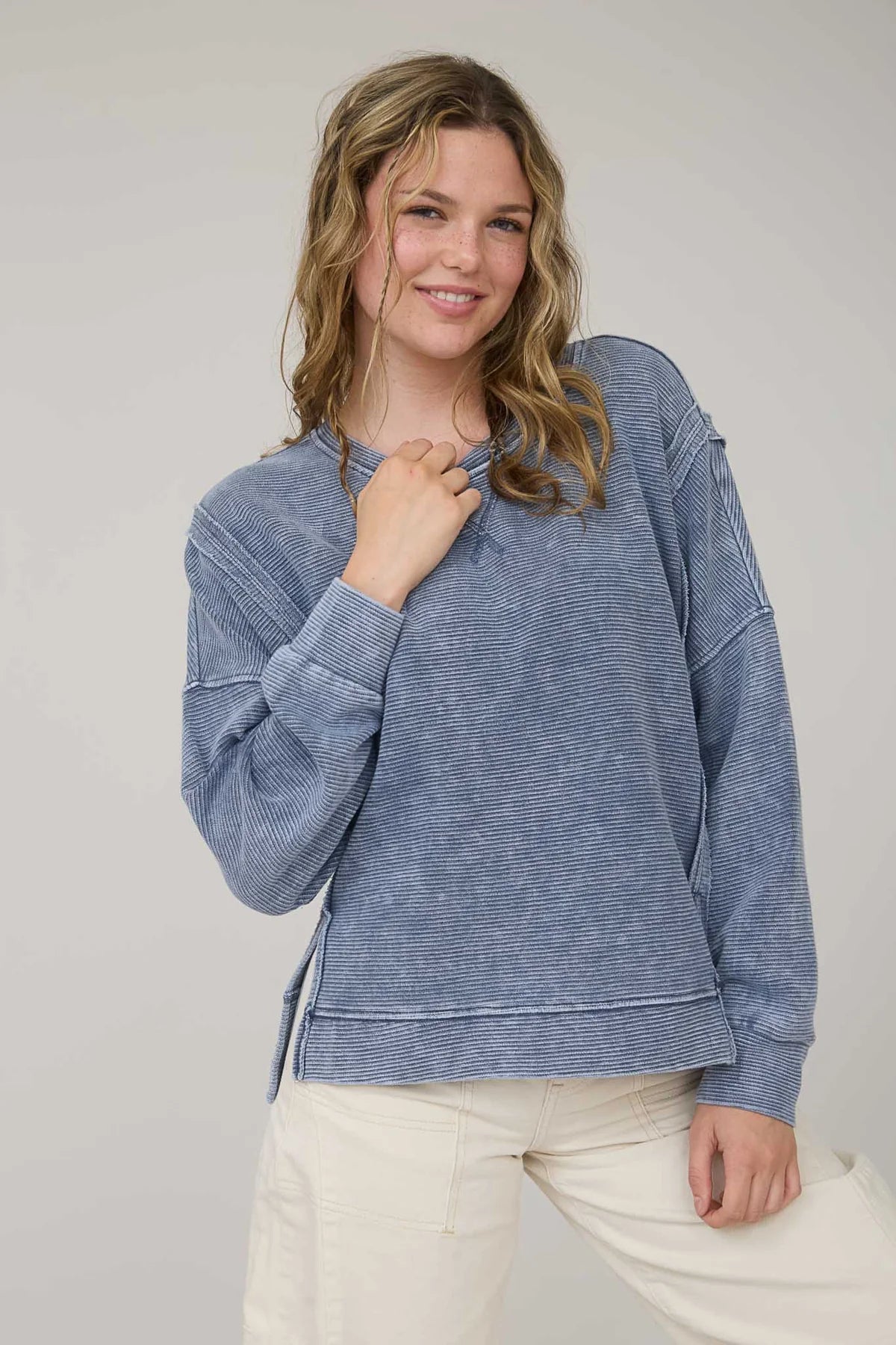 Washed Exposed Seam Side Slit Long Sleeve Knit Top