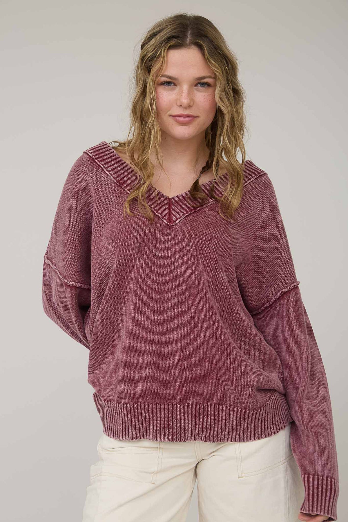 Washed V Neck Long Sleeve Oversized Knit Sweater