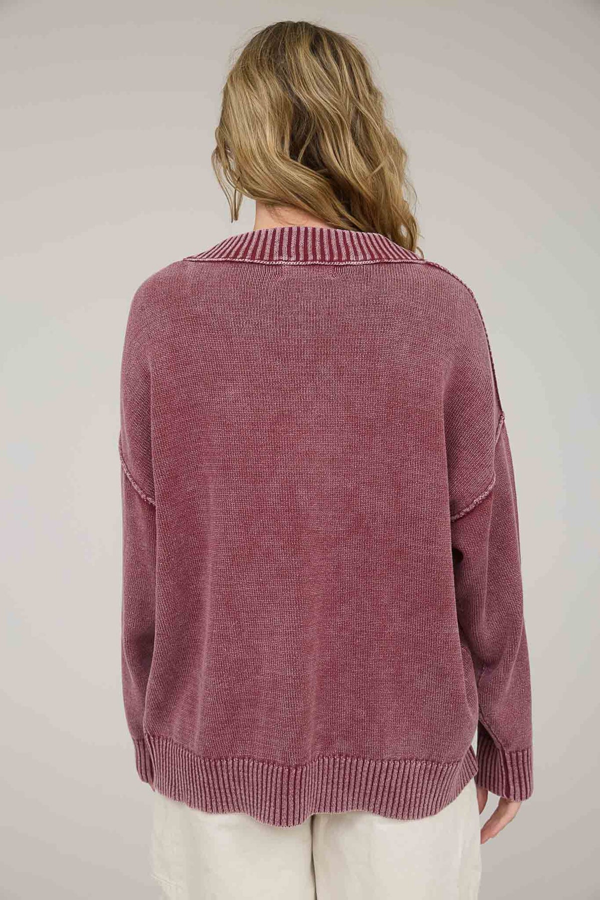 Washed V Neck Long Sleeve Oversized Knit Sweater