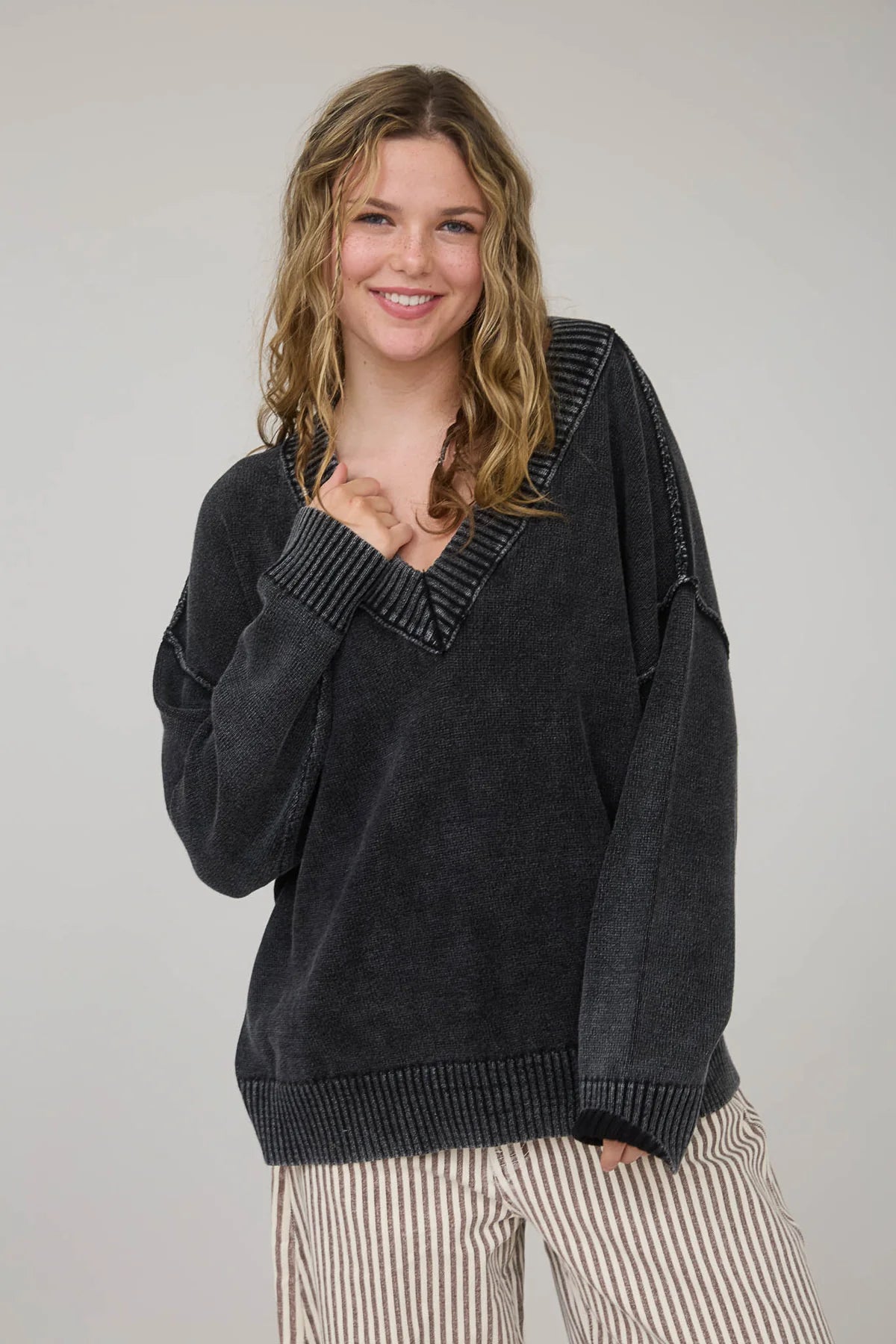 Washed V Neck Long Sleeve Oversized Knit Sweater