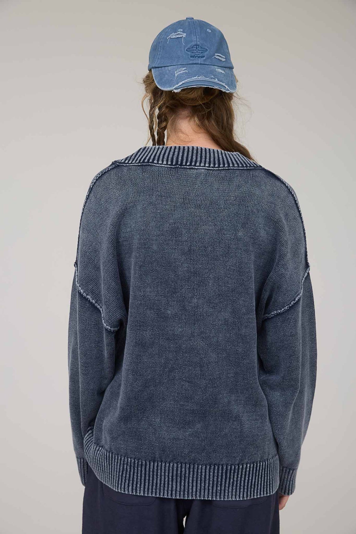 Washed V Neck Long Sleeve Oversized Knit Sweater