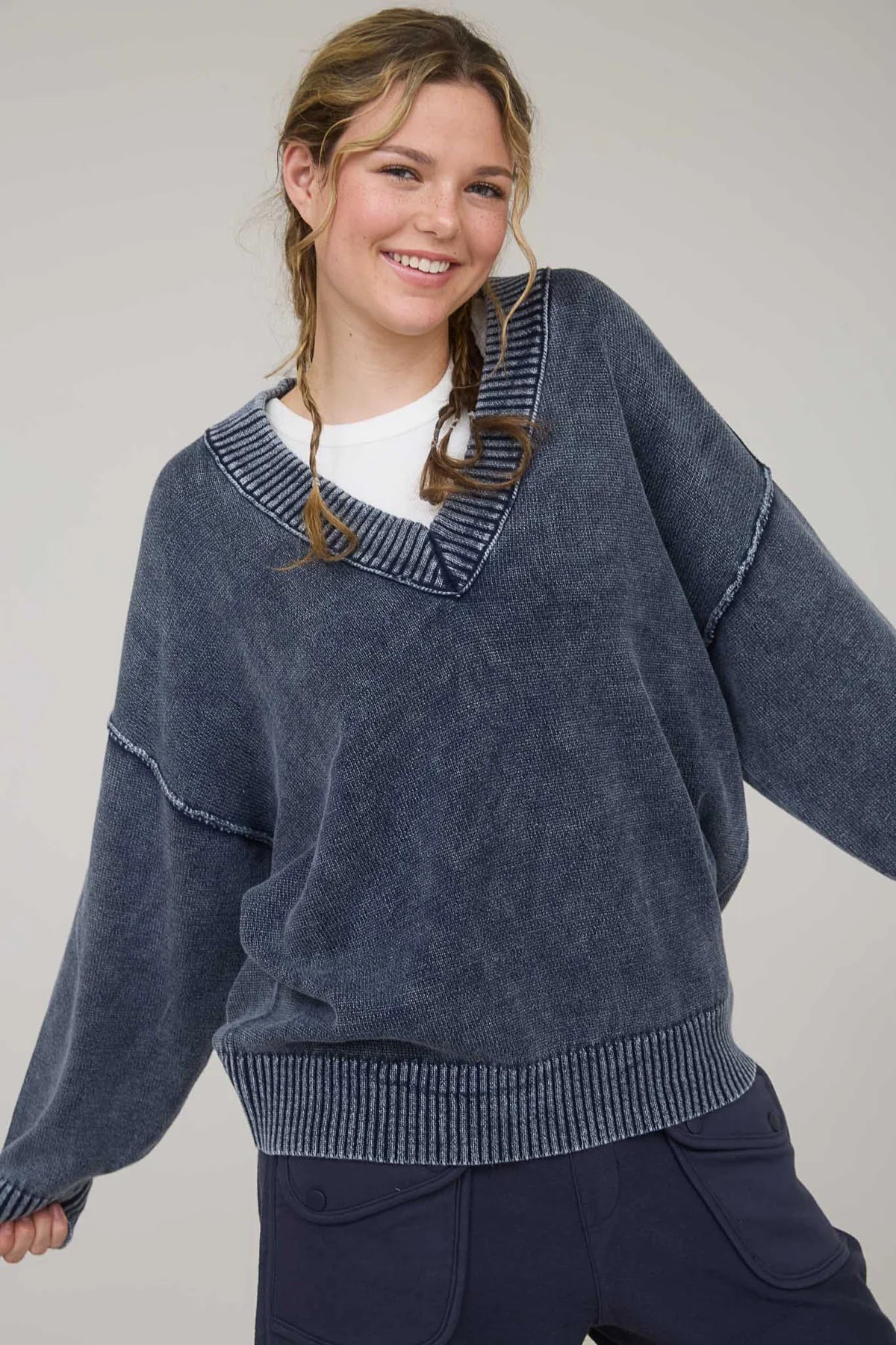 Washed V Neck Long Sleeve Oversized Knit Sweater
