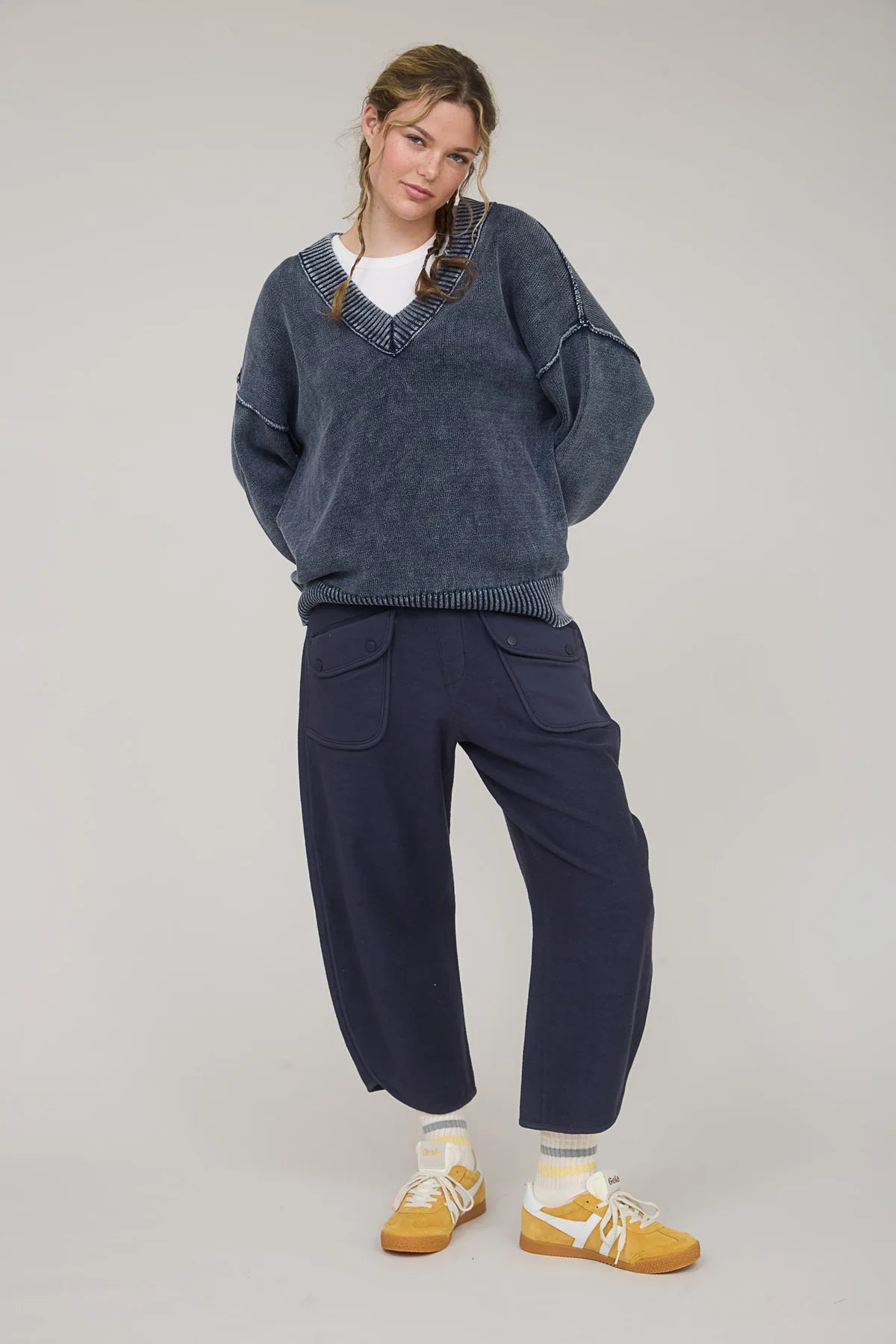 Washed V Neck Long Sleeve Oversized Knit Sweater