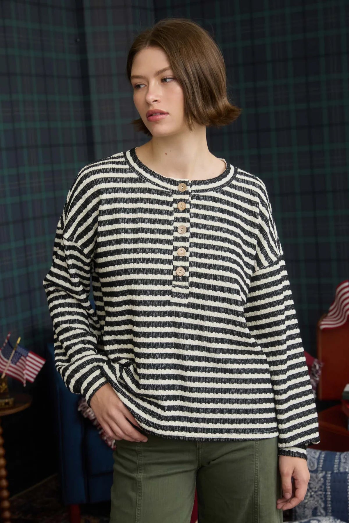 Stripe Textured Long Sleeve Henley Knit Top