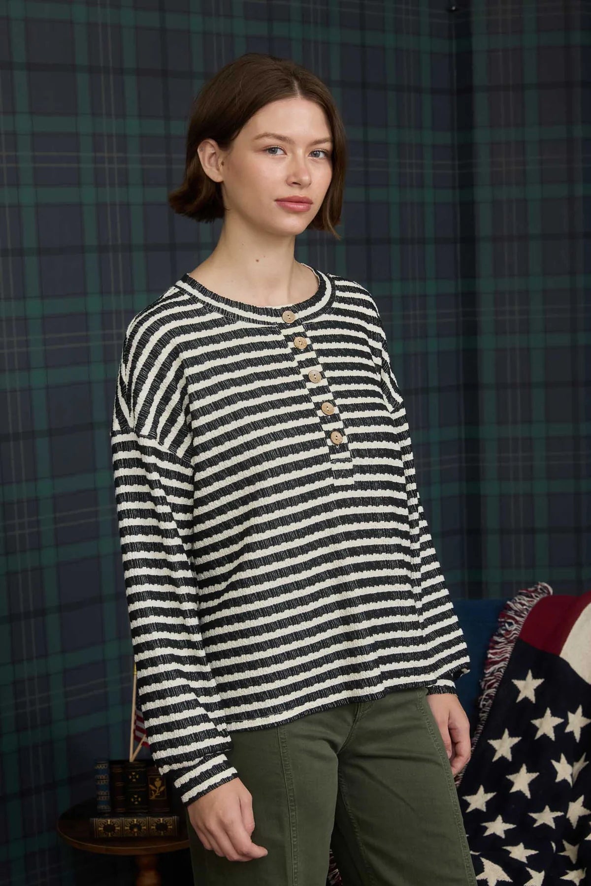 Stripe Textured Long Sleeve Henley Knit Top