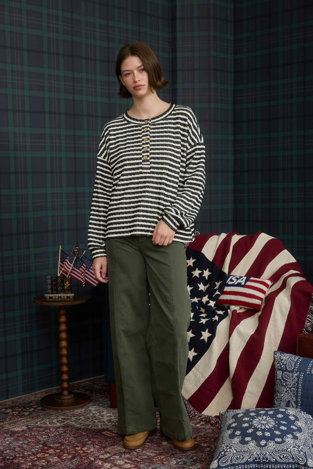 Stripe Textured Long Sleeve Henley Knit Top