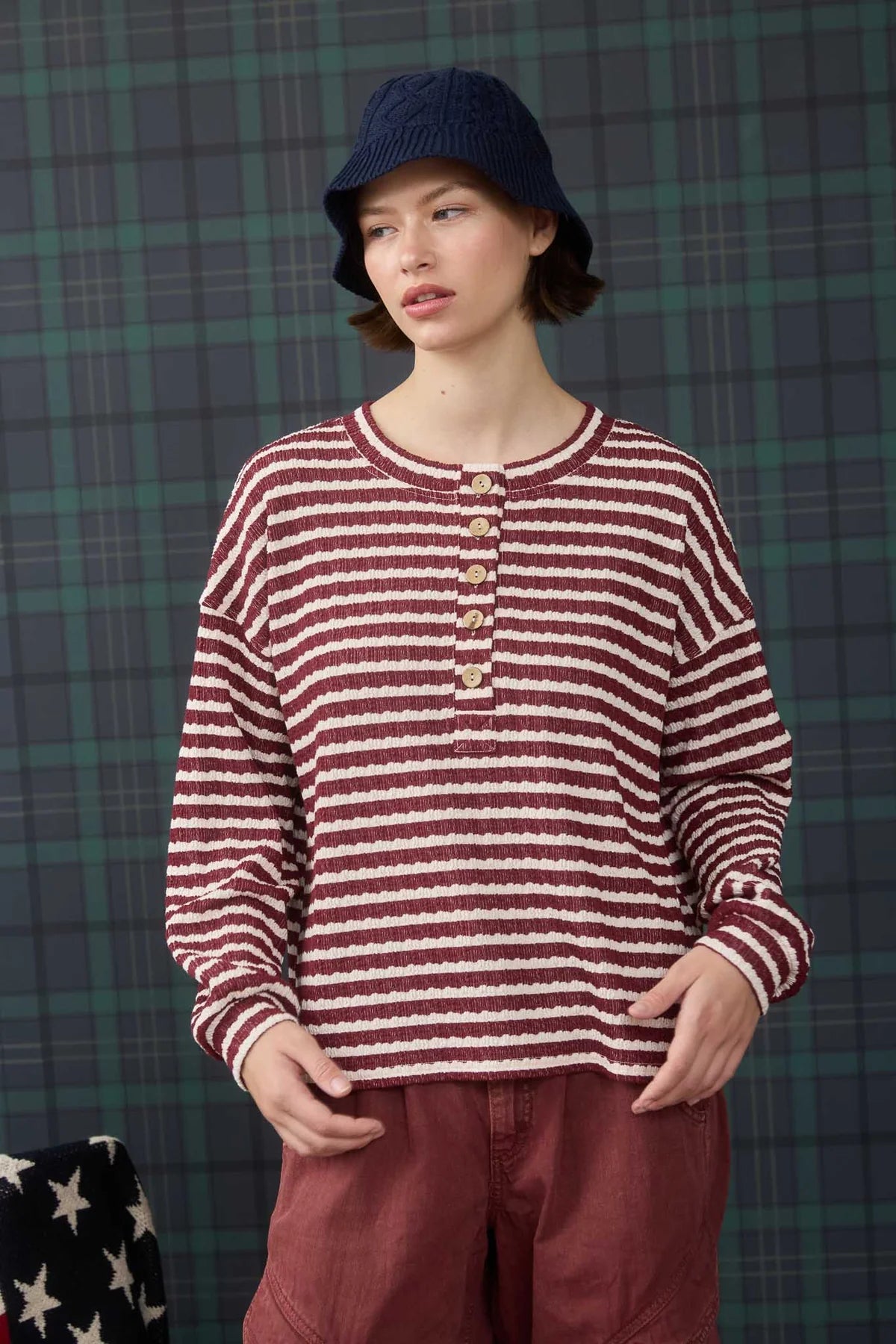 Stripe Textured Long Sleeve Henley Knit Top
