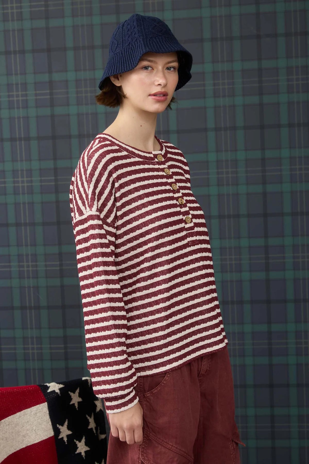 Stripe Textured Long Sleeve Henley Knit Top
