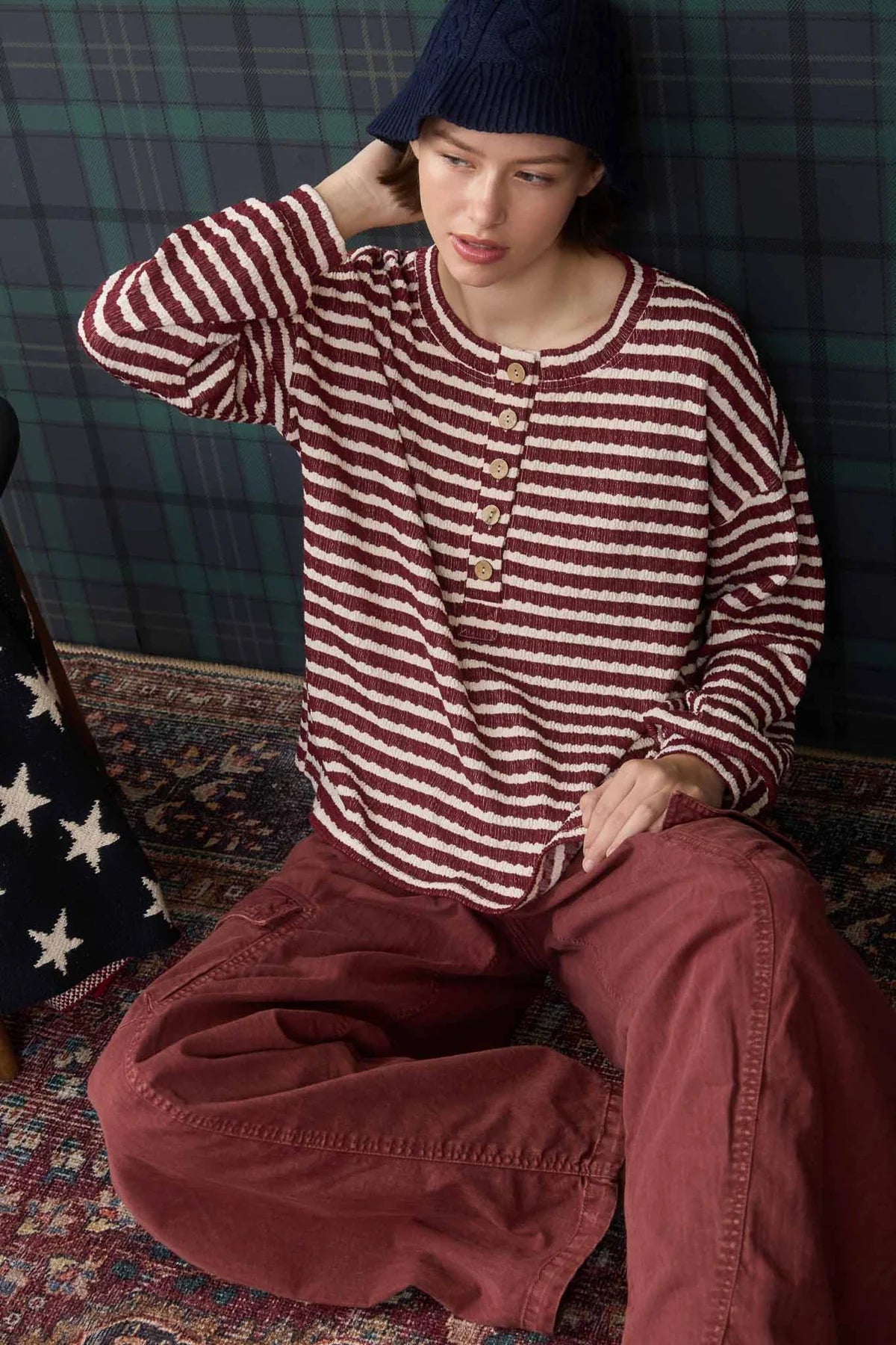 Stripe Textured Long Sleeve Henley Knit Top