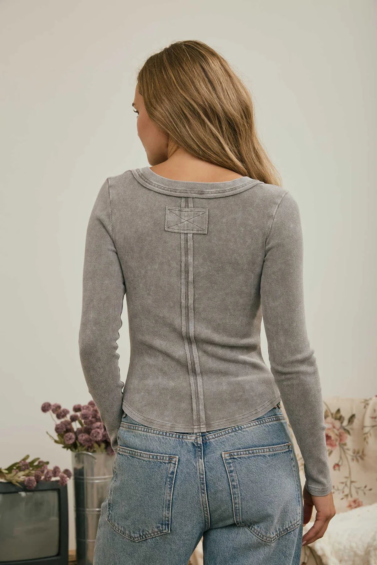Fitted Long Sleeve Ribbed Henley Knit Top