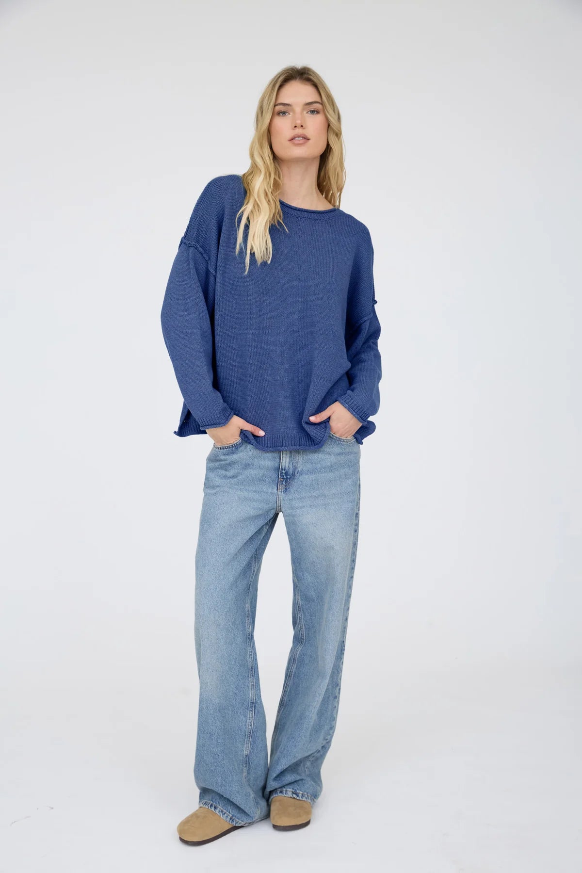 Raw Edge Extended Shoulder Long Sleeve Sweater