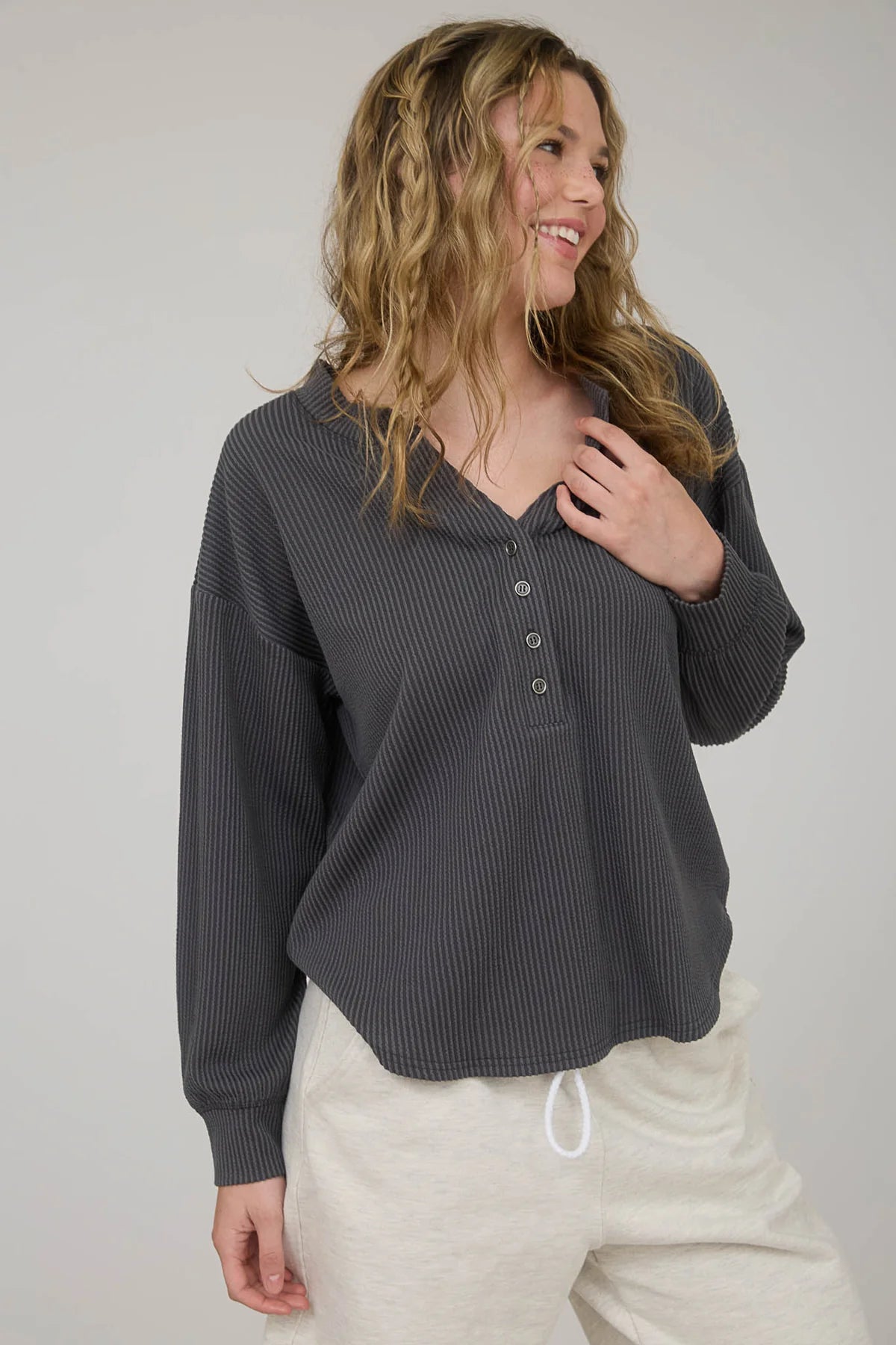 Washed Ribbed Long Sleeve Henley Knit Top