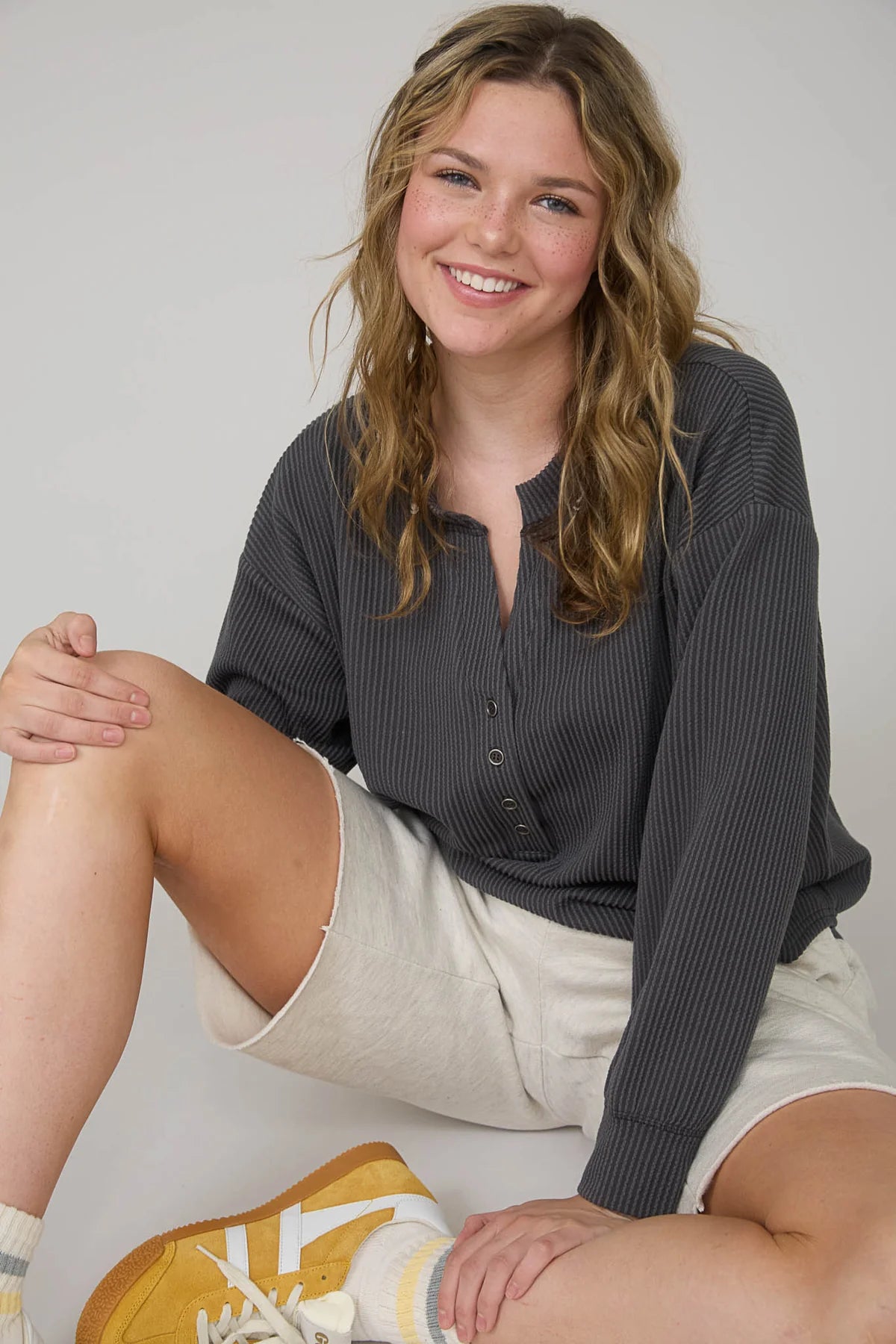 Washed Ribbed Long Sleeve Henley Knit Top