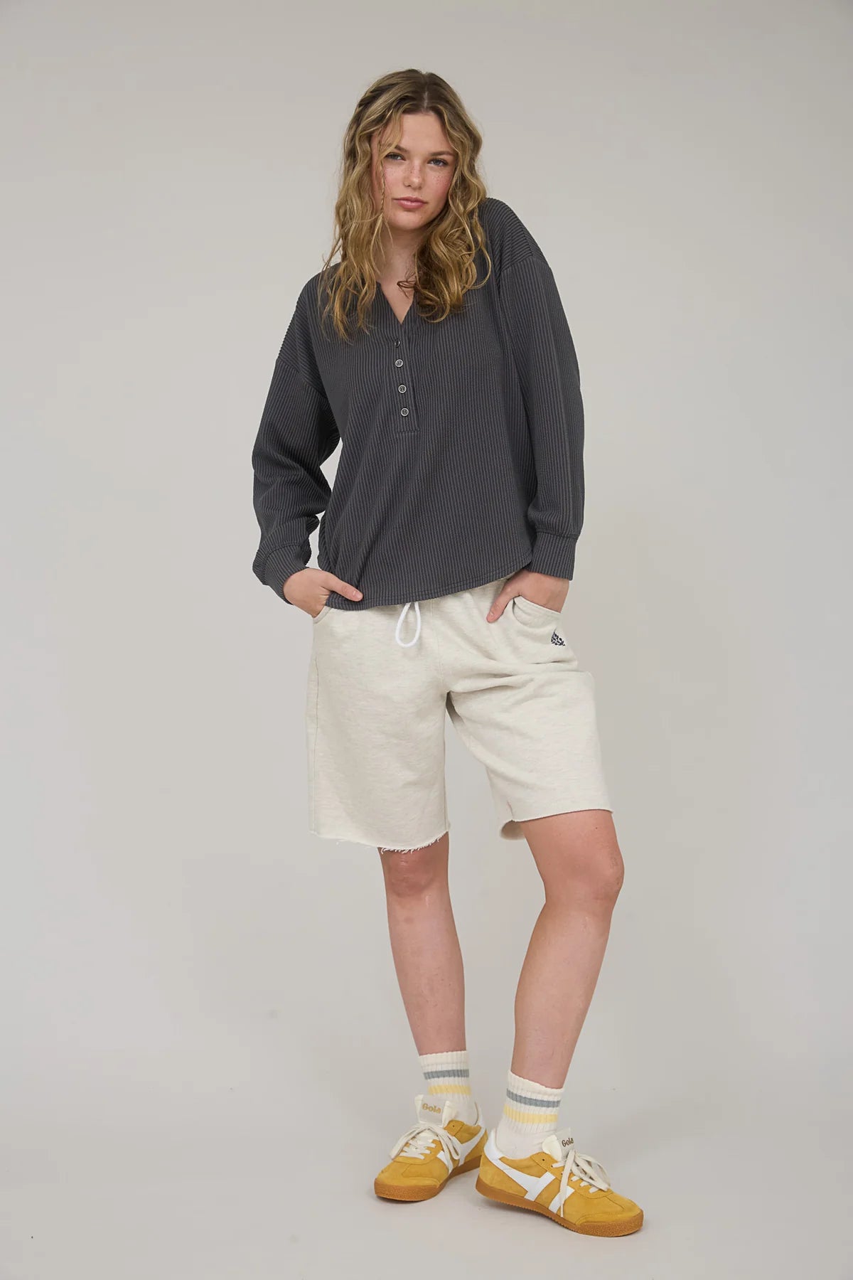 Washed Ribbed Long Sleeve Henley Knit Top