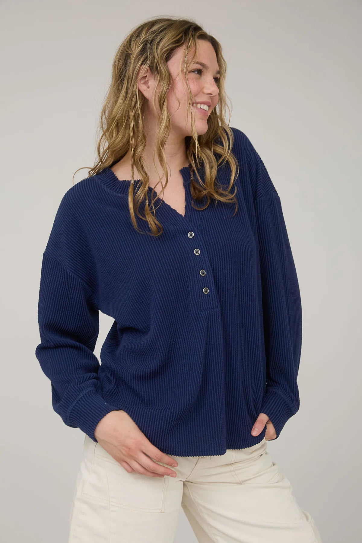 Washed Ribbed Long Sleeve Henley Knit Top