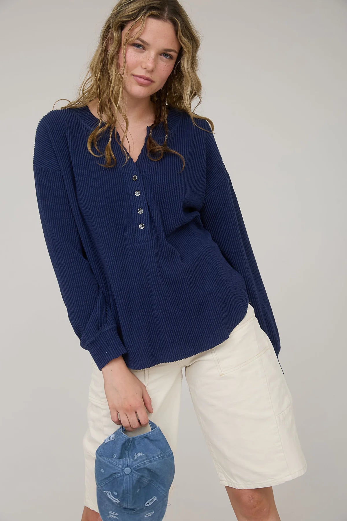 Washed Ribbed Long Sleeve Henley Knit Top