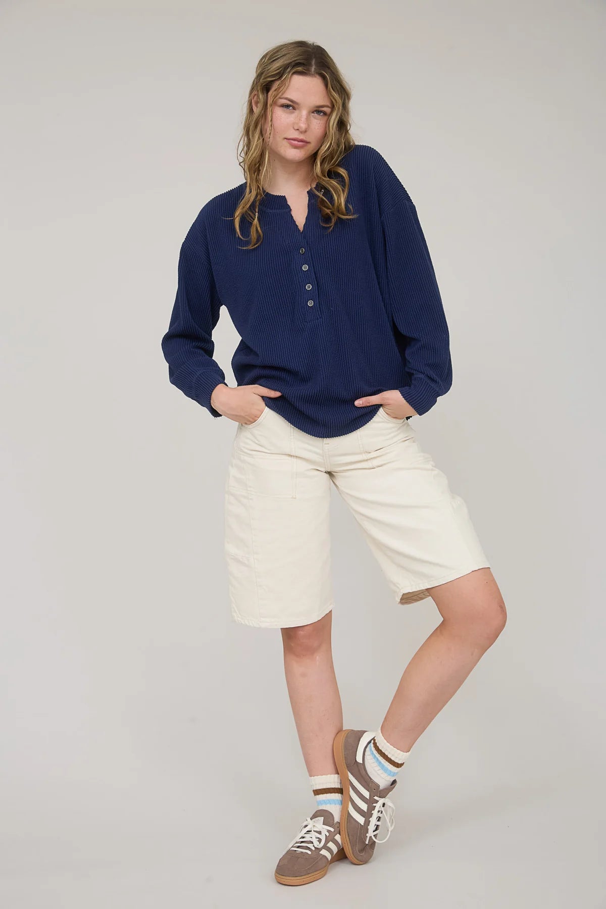 Washed Ribbed Long Sleeve Henley Knit Top
