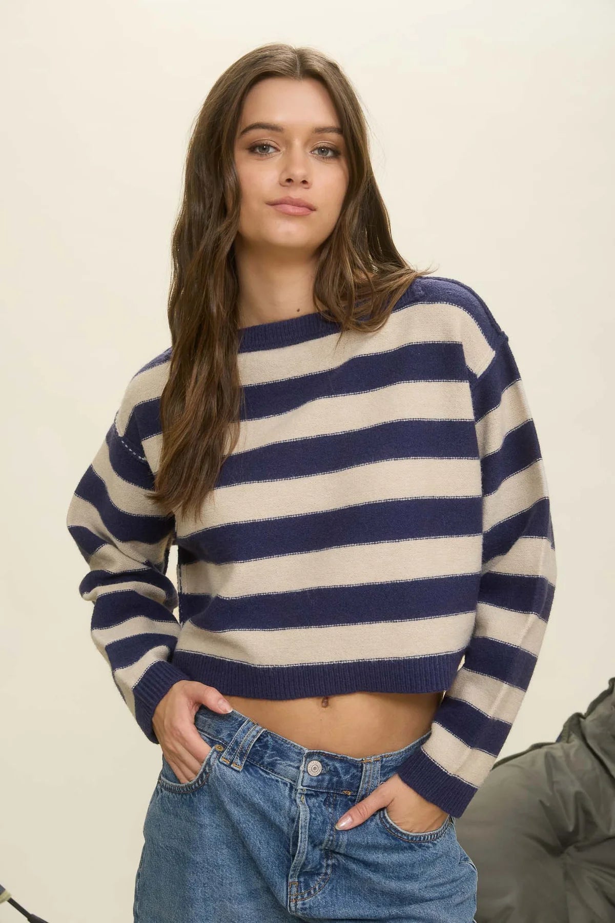 Stripe Exposed Seam Long Sleeve Cropped Sweater