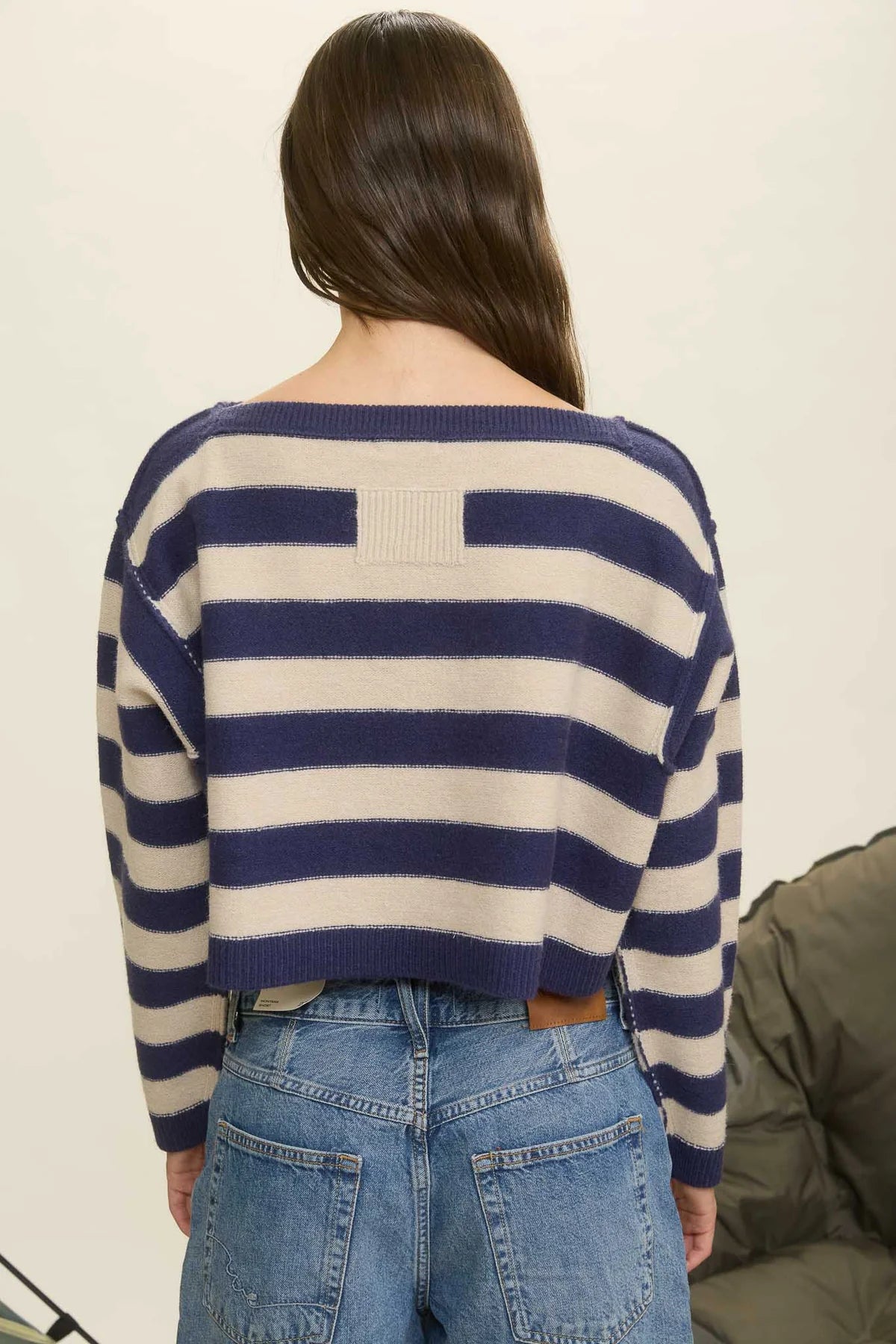 Stripe Exposed Seam Long Sleeve Cropped Sweater