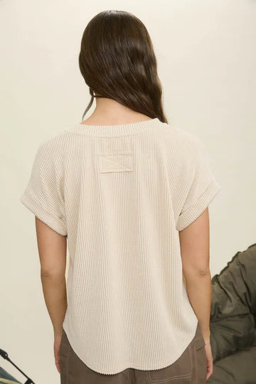 Ribbed Crew Neck Short Cuff Sleeve Knit Top