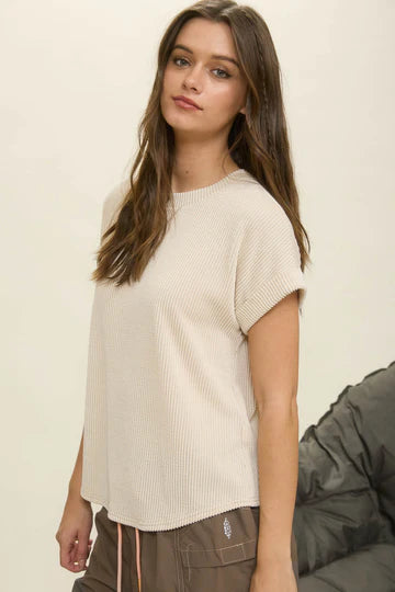 Ribbed Crew Neck Short Cuff Sleeve Knit Top