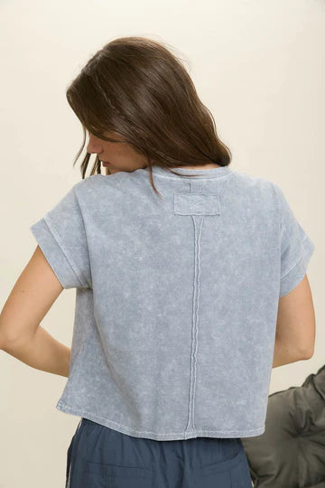 Washed Extended Shoulder Short Sleeve Knit Top