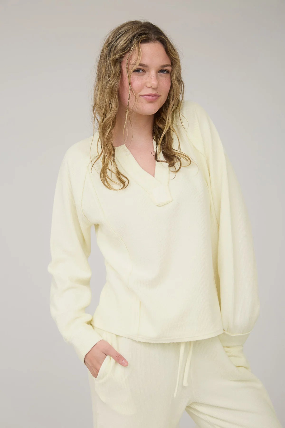 Washed Ribbed Split Neck Long Sleeve Knit Top