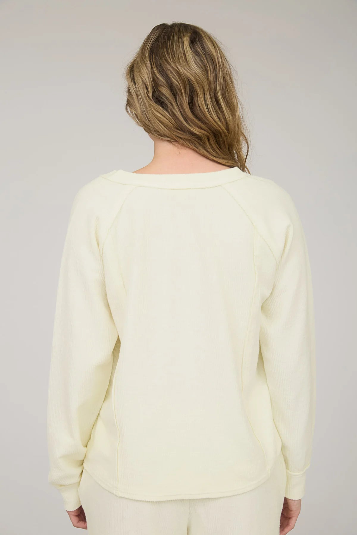 Washed Ribbed Split Neck Long Sleeve Knit Top