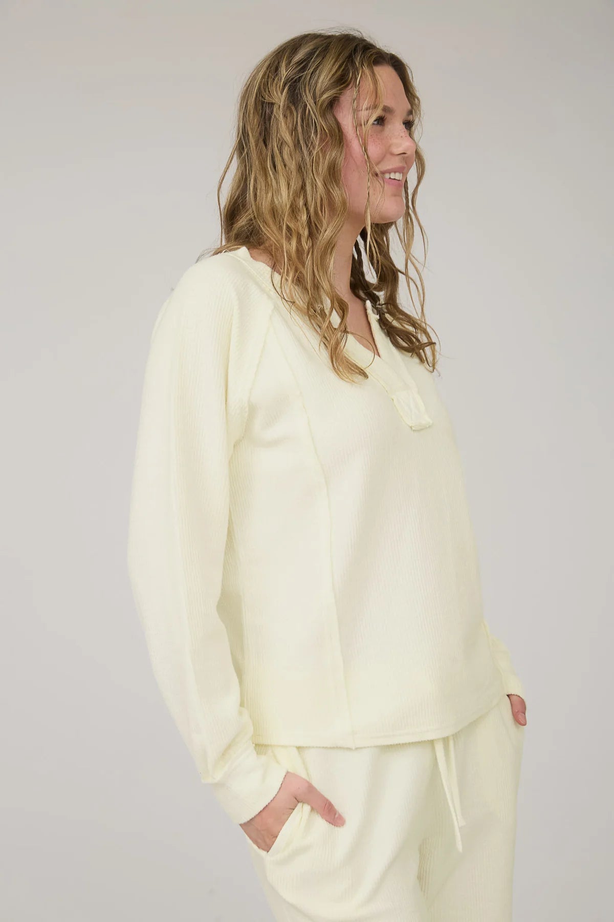 Washed Ribbed Split Neck Long Sleeve Knit Top