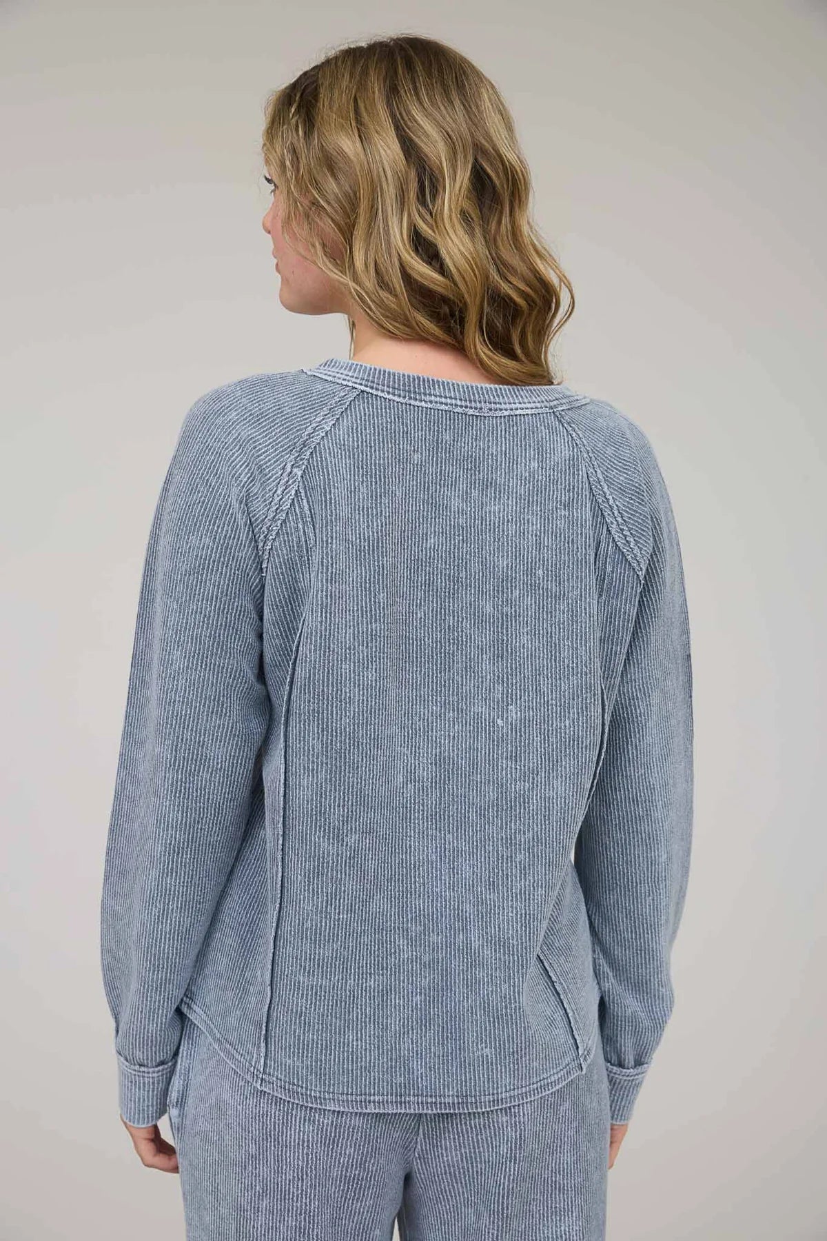 Washed Ribbed Split Neck Long Sleeve Knit Top