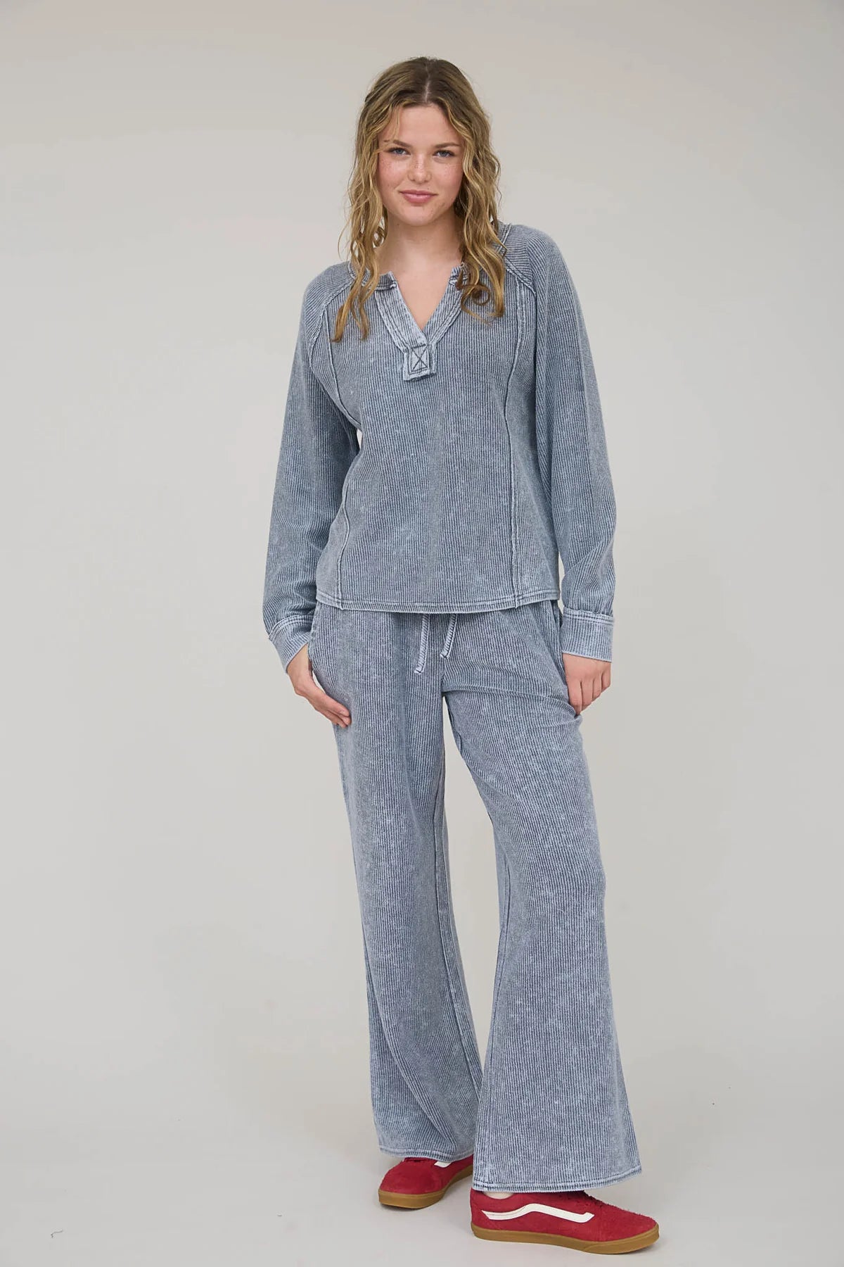 Washed Ribbed Split Neck Long Sleeve Knit Top