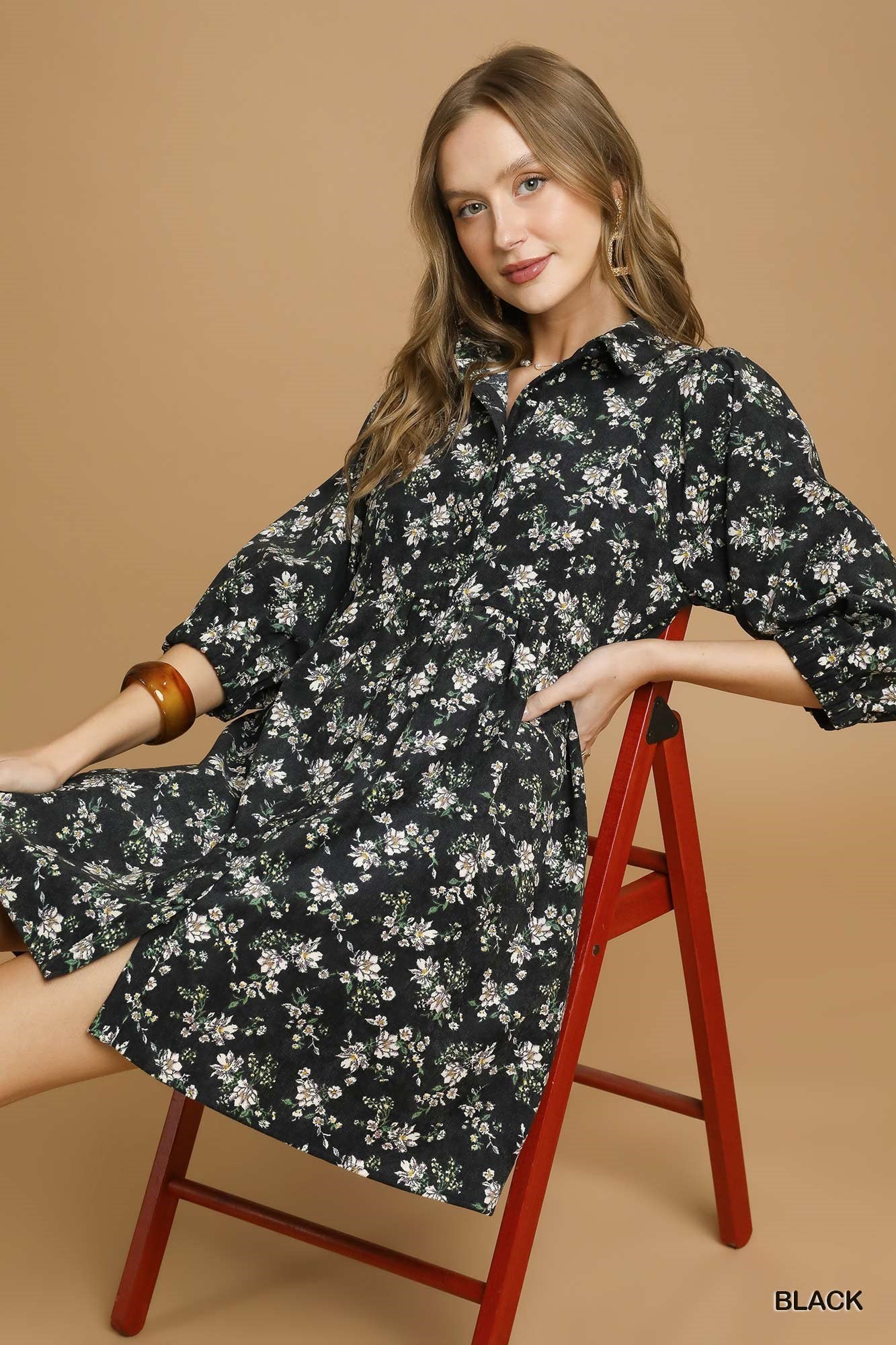 Floral Corduroy Button-Front Babydoll Dress