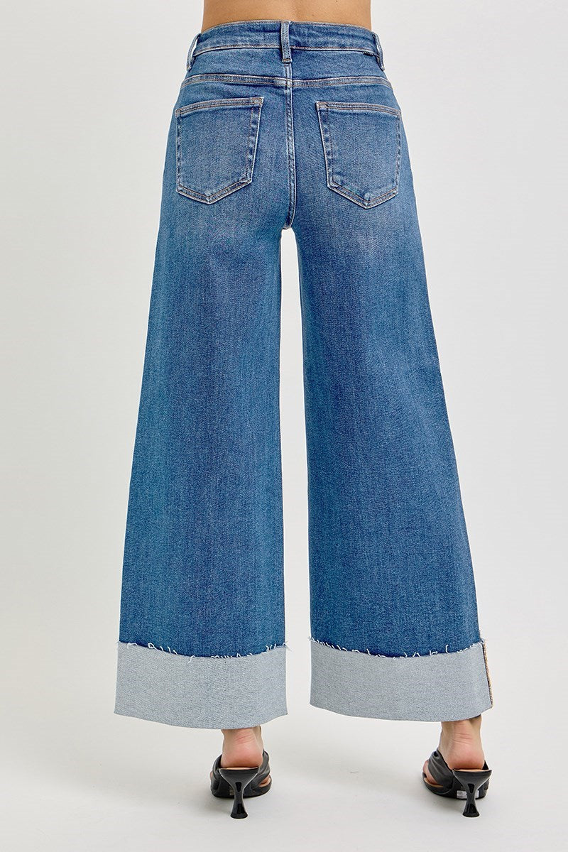 Tummy Control High Rise Crop Wide Cuffed Jeans