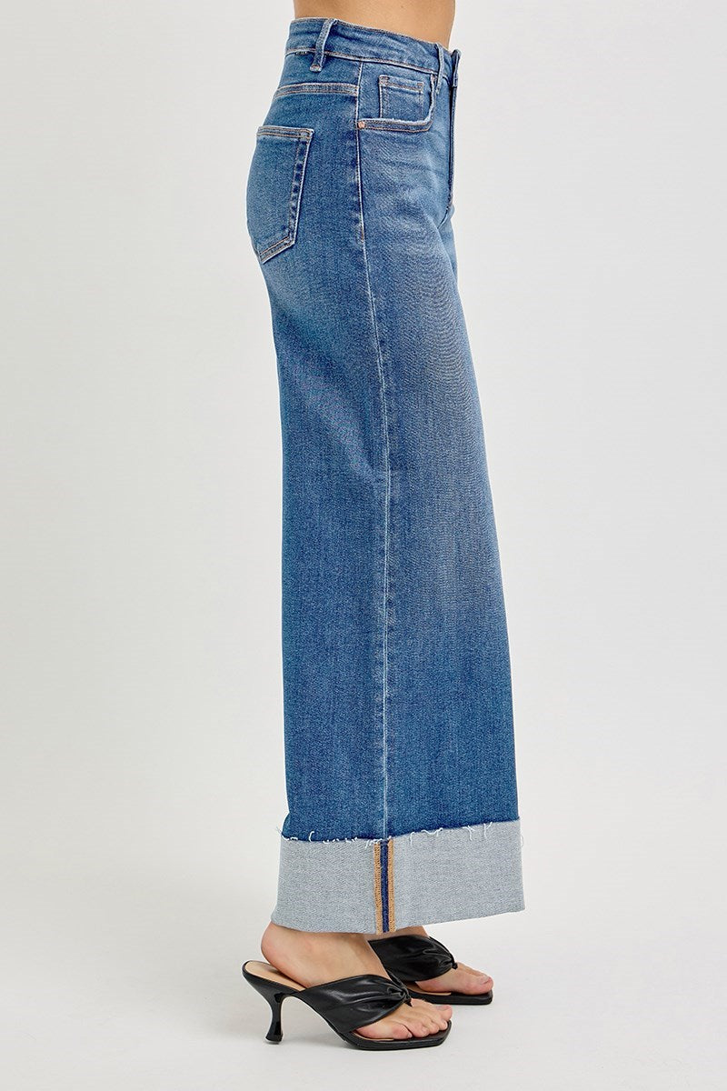 Tummy Control High Rise Crop Wide Cuffed Jeans