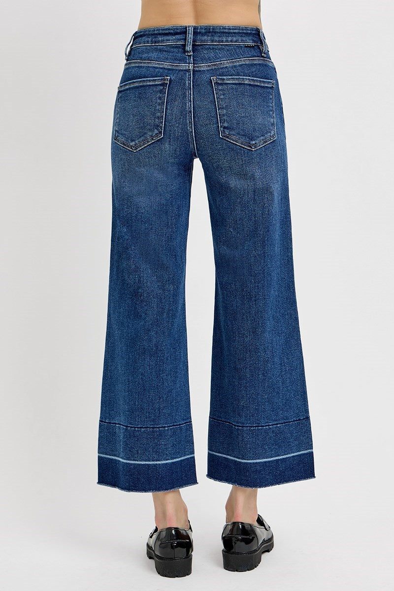 Tummy Control High Rise Crop Wide Released Hem Jeans