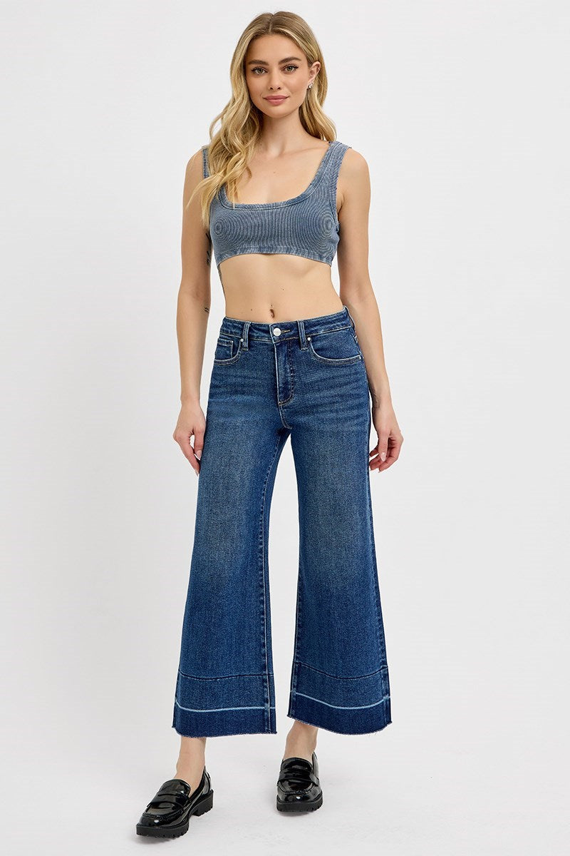 Tummy Control High Rise Crop Wide Released Hem Jeans