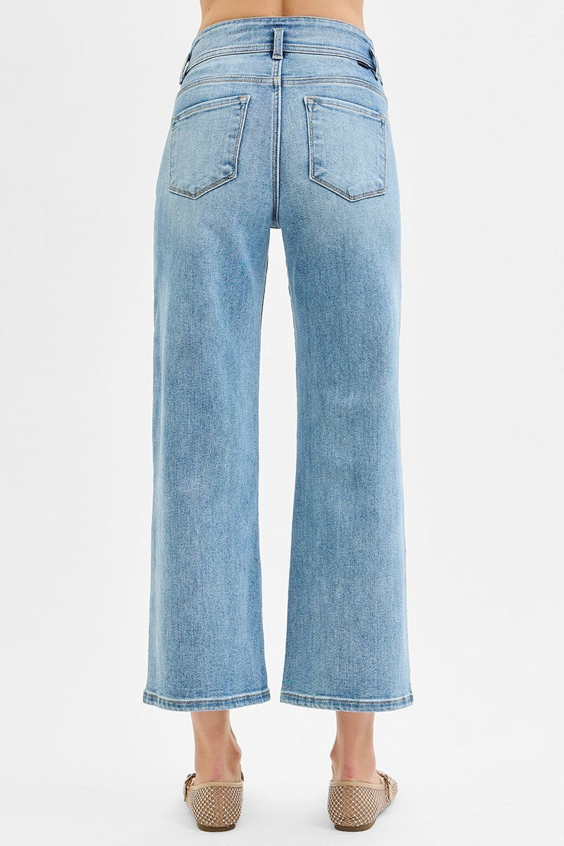 Tummy Control High Rise Crop Wide Bow Waistband Jeans