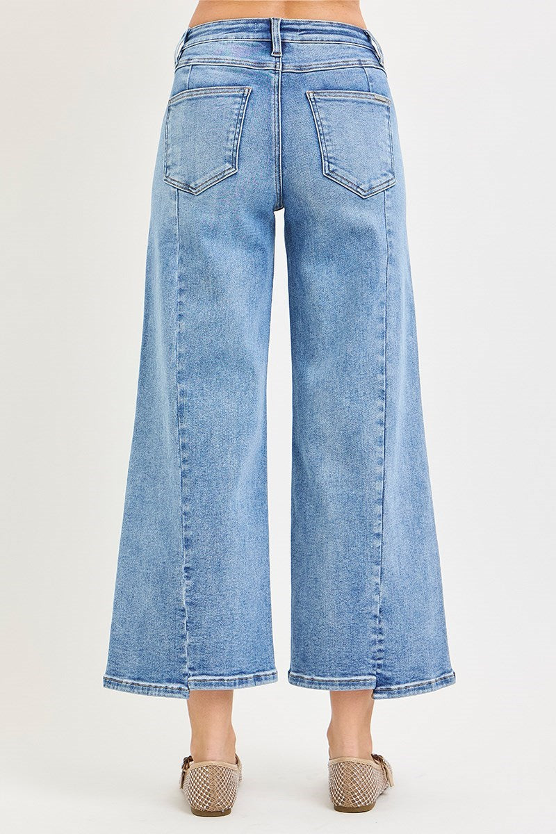 Mid Rise Crop Wide Jeans With Front Step Hem Details
