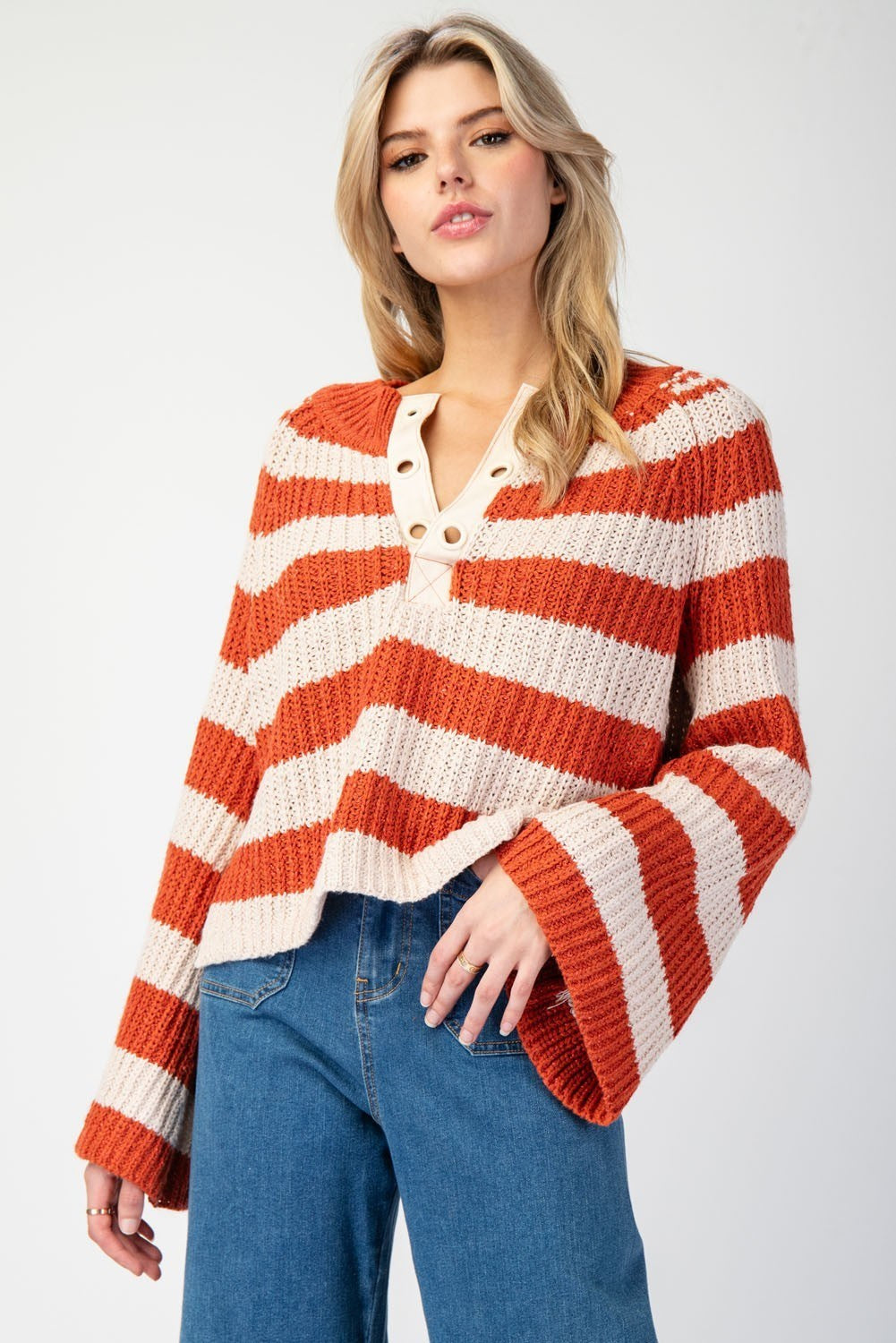 Striped Bell Sleeve Sweater Top