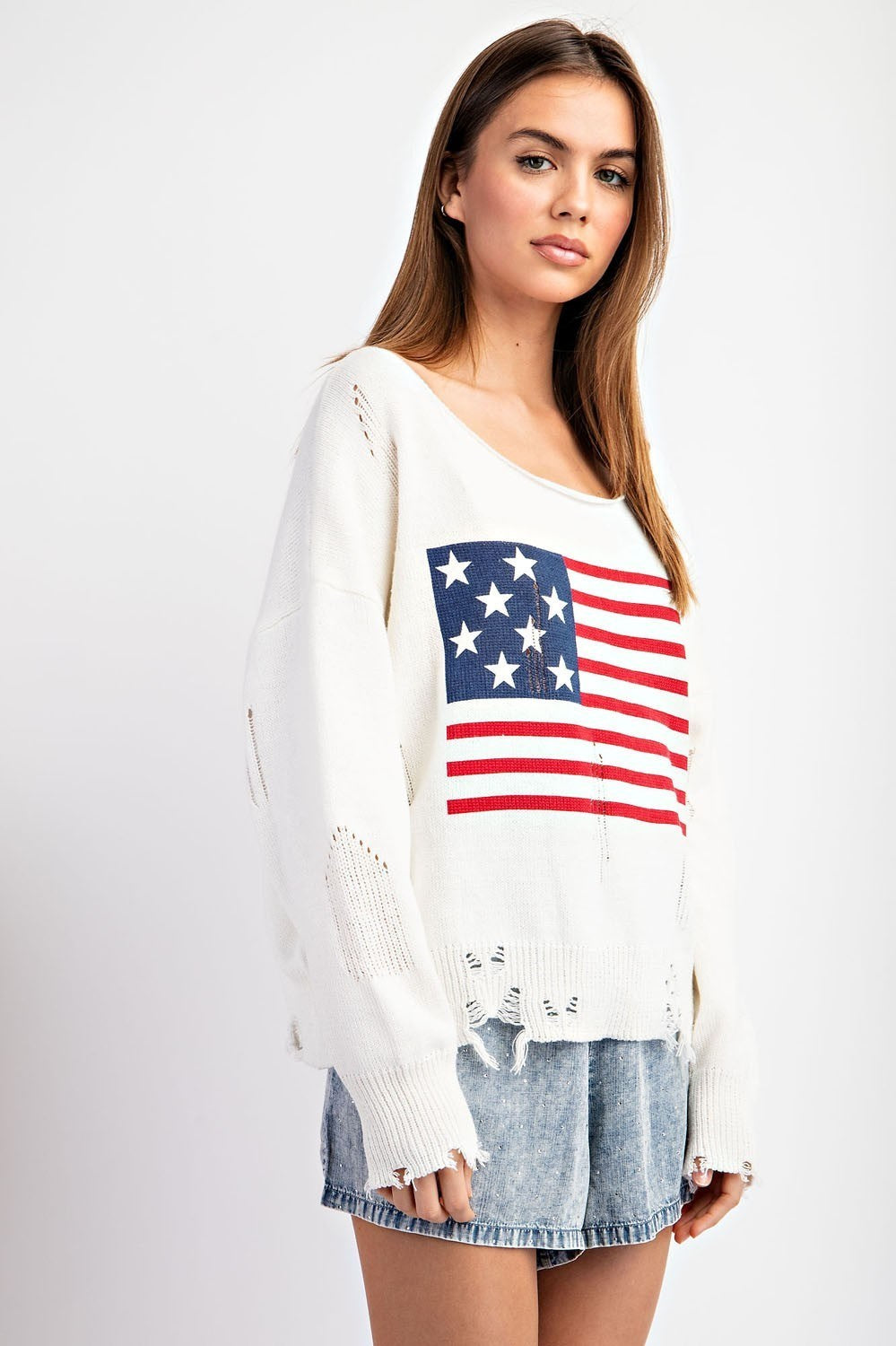 Distressed Long Sleeve Sweater w/ American Flag