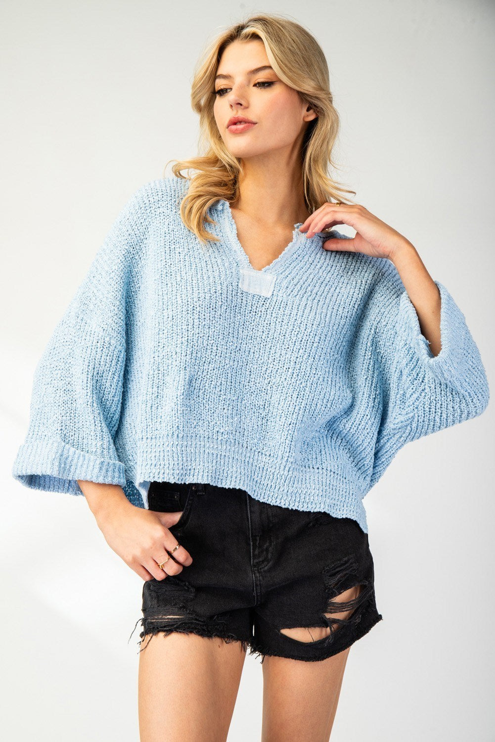 Textured V Neck Sweater Top