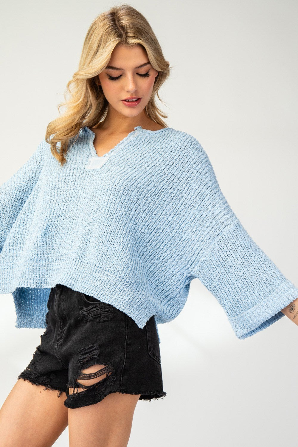 Textured V Neck Sweater Top