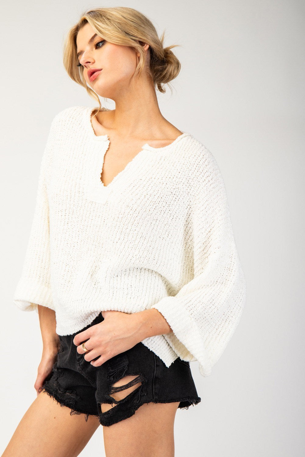 Textured V Neck Sweater Top
