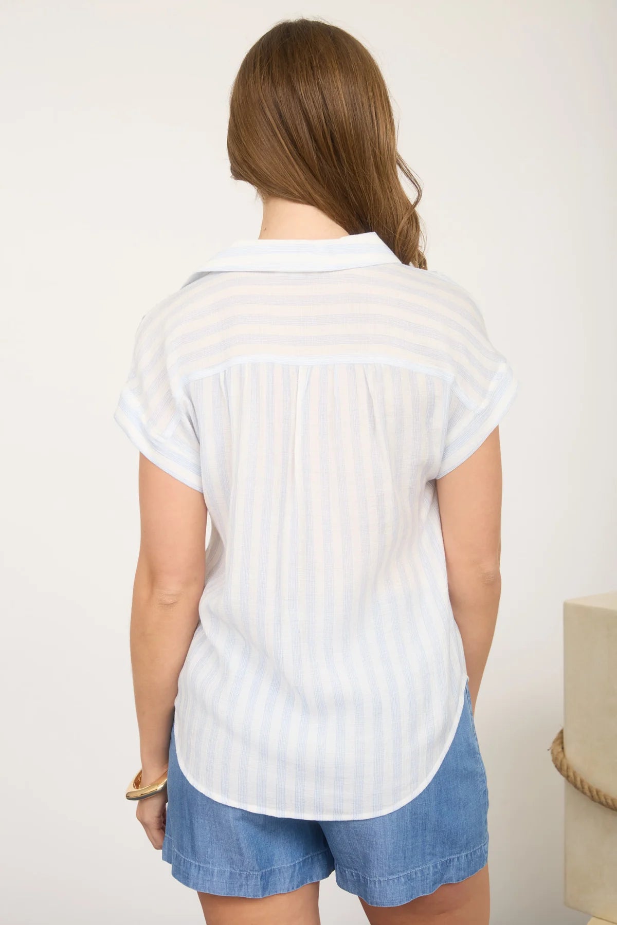 Stripe Collared V-Neck Short Sleeve Shirt