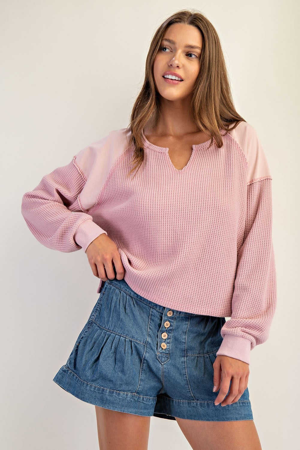 Snow Wash Thermal Knit Notched Long Sleeve Top